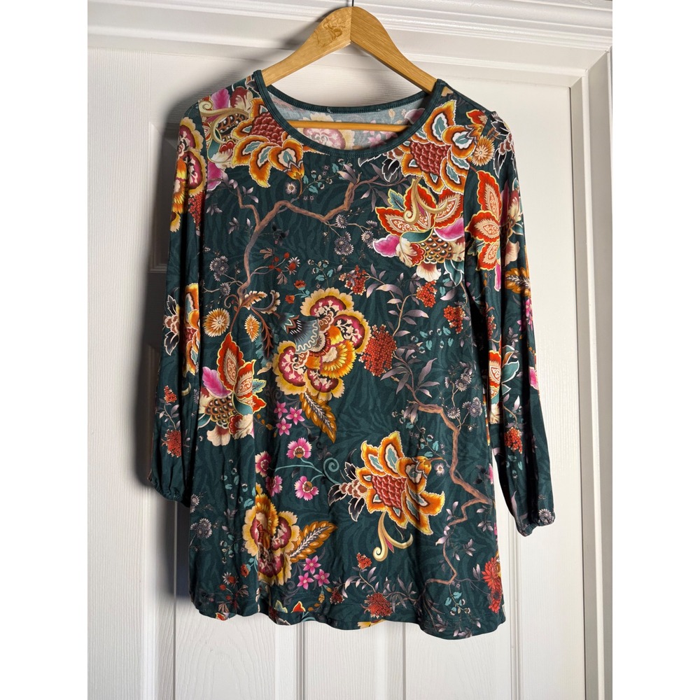 Johnny Waas Floral Knit Top Women Small Green 3/4 Sleeve Botanical No Label
